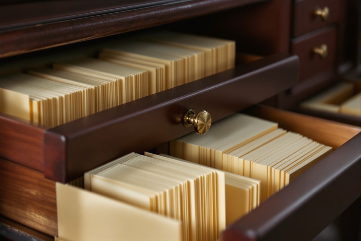 Cajón de fichero bibliográfico abierto con fichas de cartulina