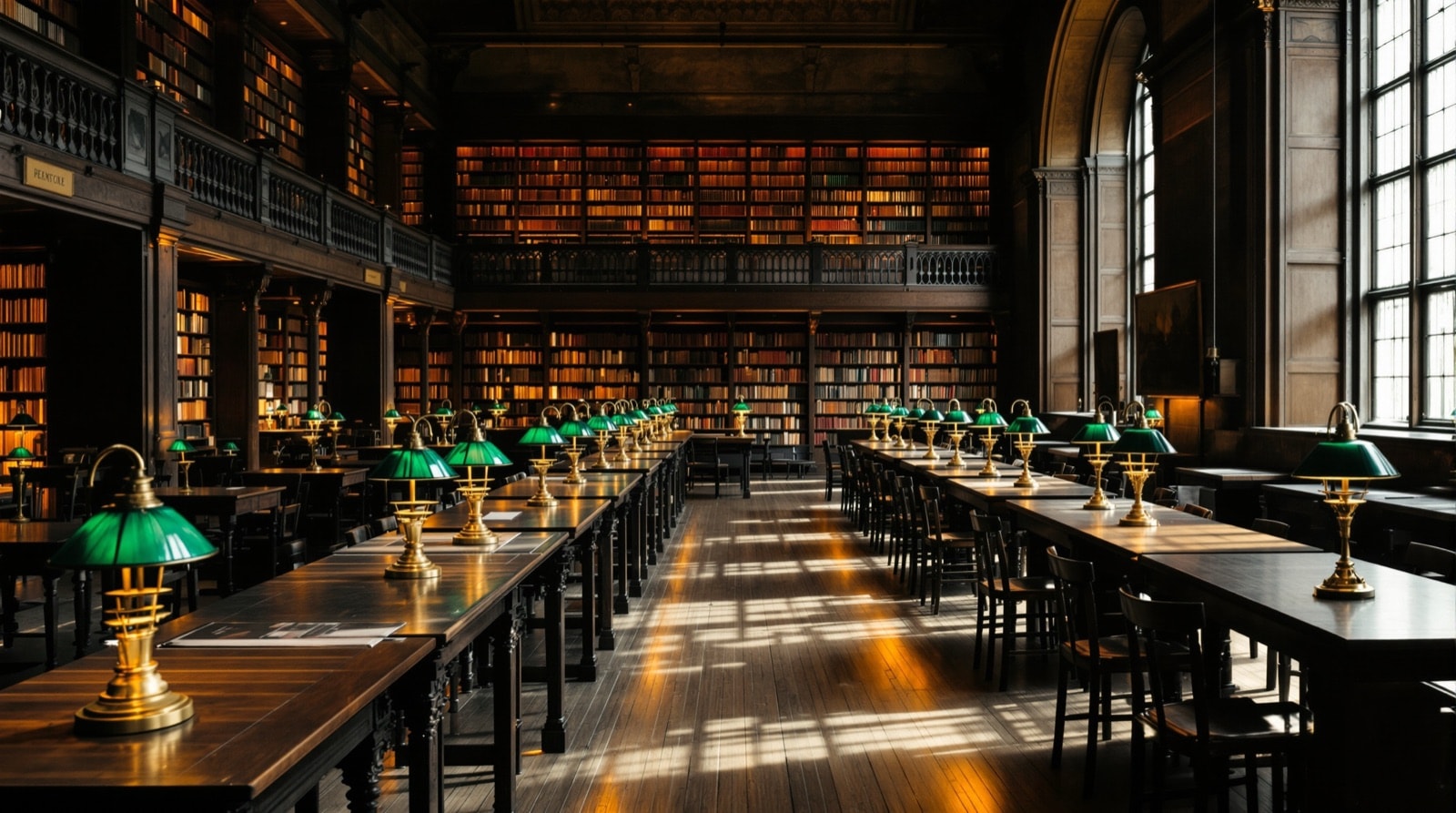 Sala de lectura vacía de una biblioteca antigua con lámparas encendidas